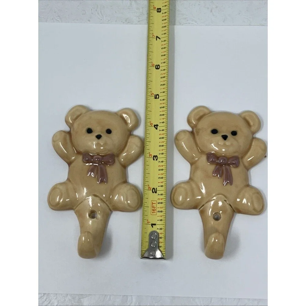 2 VTG Ceramic Teddy Bear Pink Bow Wall Hook Hangers Set Baby Girl Nursery Beige